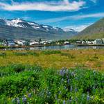 Die Lage von Seydisfjördur ist wunderschön am Meer und gleich dahinter hohe Schneeberge...